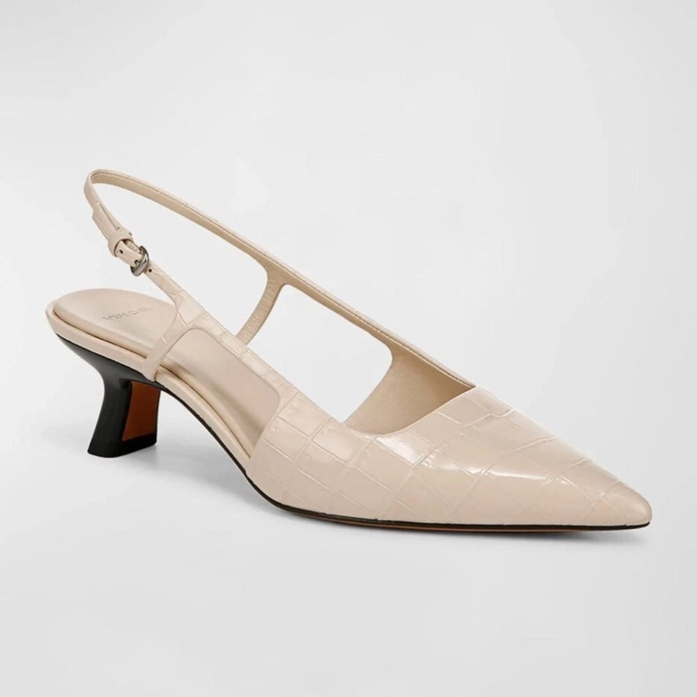 Vince Bianca Croc Leather Slingback Pump Pointy Toe Kitten Heel Size 6.5 NWT